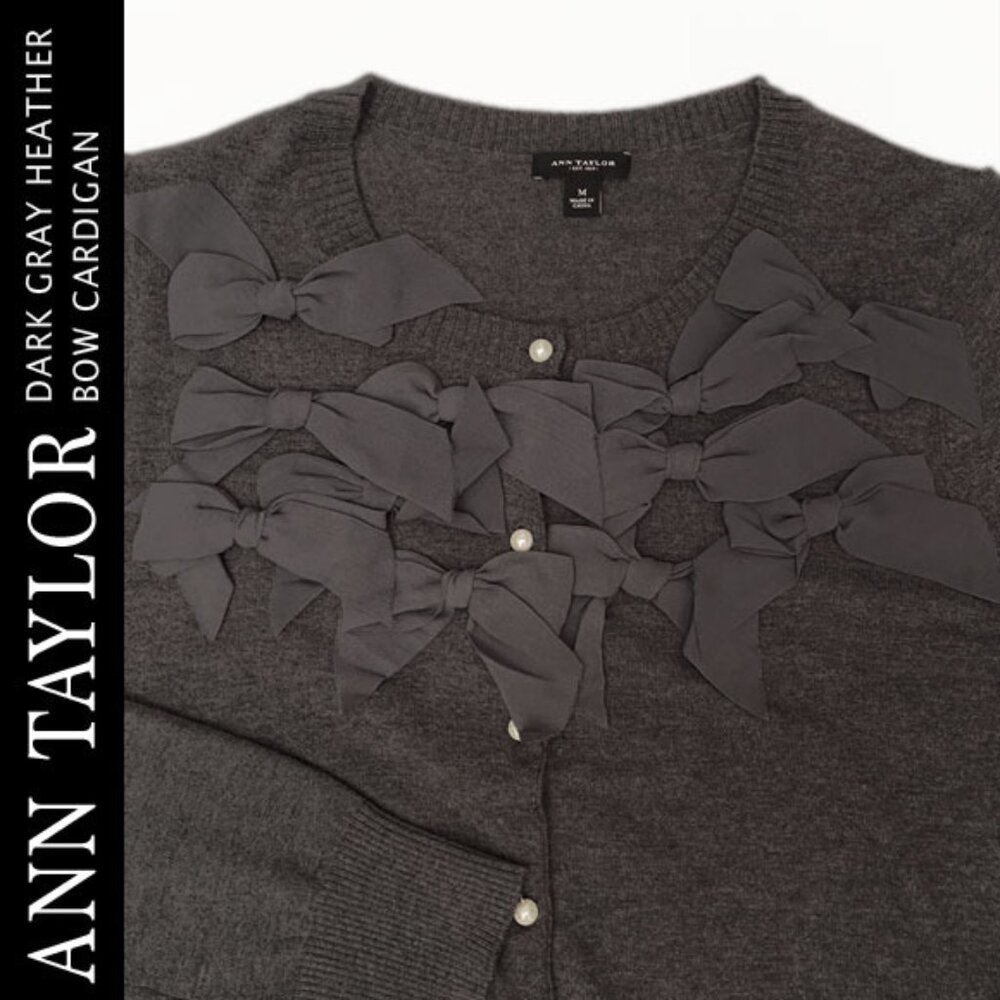 NWOT Ann Taylor Dark Gray Heather Cardigan With Chiffon Bows Size M